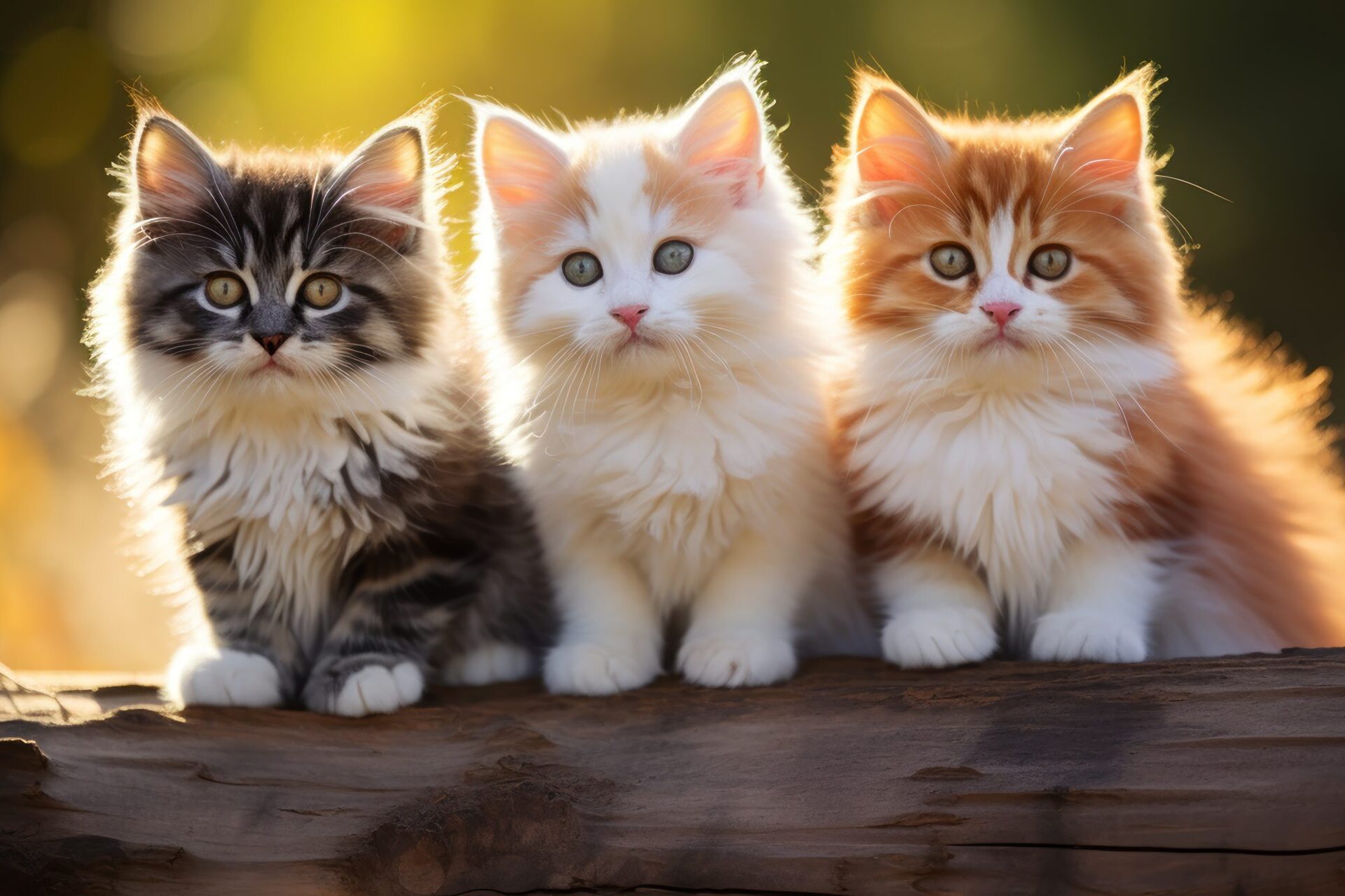 Three playful kittens perched on a log, showcasing their curious expressions and soft fur in a natural setting.