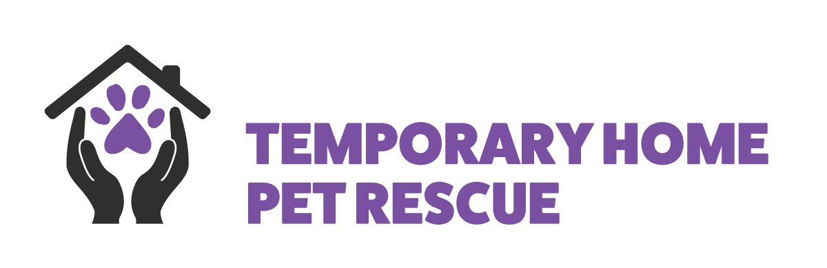 Logo for Temporary Home Pet Rescue featuring hands holding a purple paw print under a house roof.